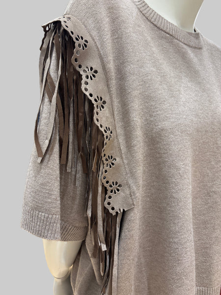 Short Sleeve Sweater With Fringe Detail