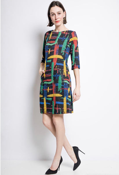 3/4 Sleeve Abstract Print Dress