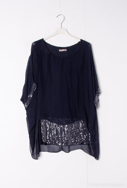 Sequin Trim Layered Silk Top - Italian