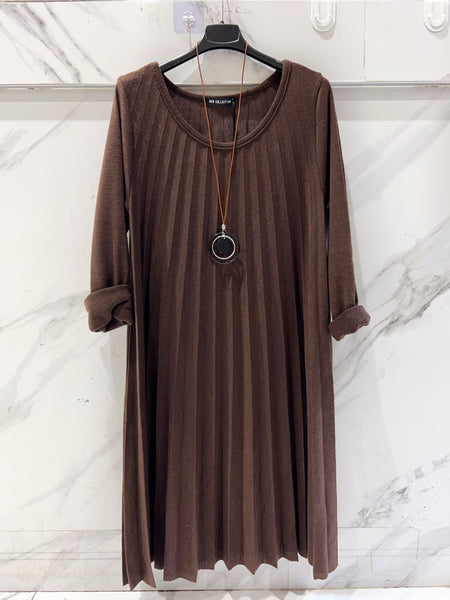 Long Sleeve Pleat Wool Mixed Dress