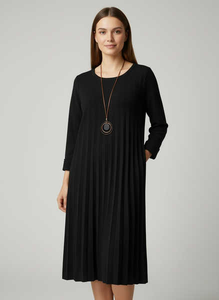 Long Sleeve Pleat Wool Mixed Dress