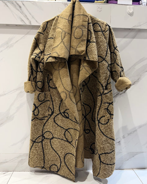 Big Collar Print Wool Coat