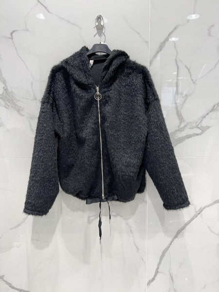 Zipper Front Fur Jacket With Hoodie