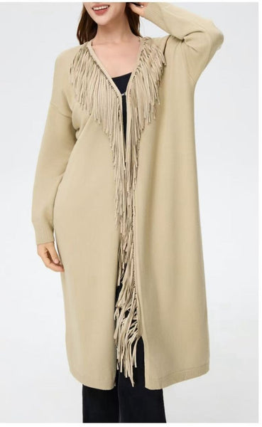 Fringe Trim Long Cardigan