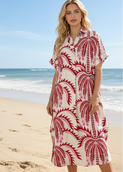 Short Sleeve Palm Print Dress