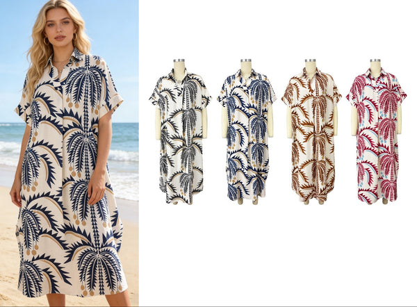 Short Sleeve Palm Print Dress