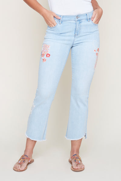 Cropped Flare Denim Pants With Embroidery
