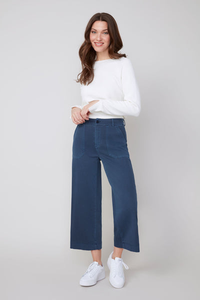 Cropped Wide Leg Cotton Mix Pants