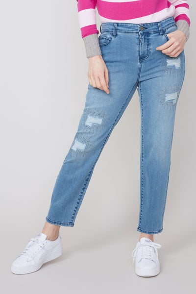 5 Pocket Ripped & Embellished Jeans