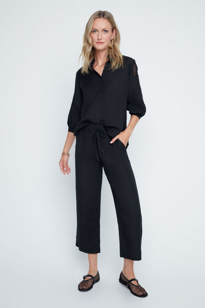 Pull-On Linen Blend Crop Straight Leg Pants