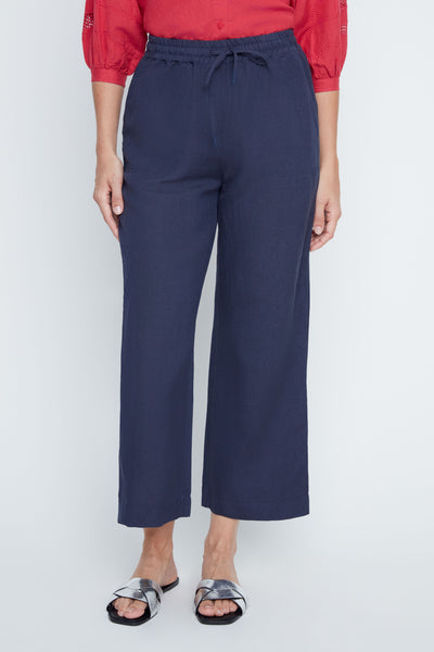 Pull-On Linen Blend Crop Straight Leg Pants