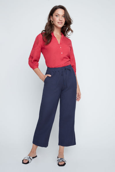 Pull-On Linen Blend Crop Straight Leg Pants