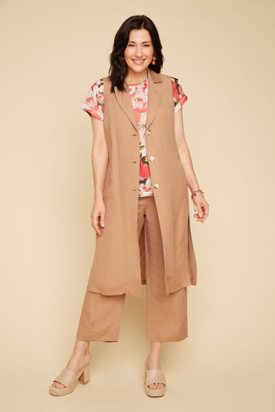 Long Linen Mix Vest With Side Slits