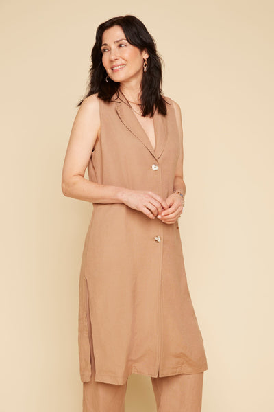 Long Linen Mix Vest With Side Slits