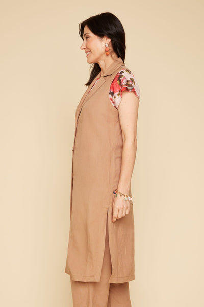 Long Linen Mix Vest With Side Slits