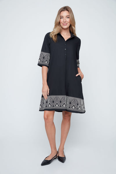 3/4 Sleeve Dress With Embroidery Trim