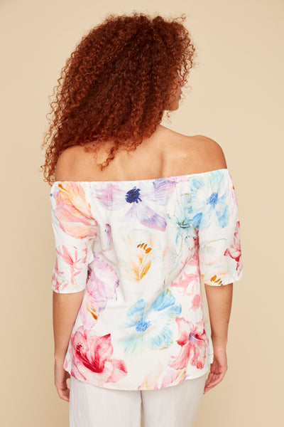 Off-Shoulder Print Linen Blouse