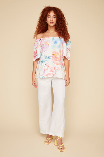 Off-Shoulder Print Linen Blouse