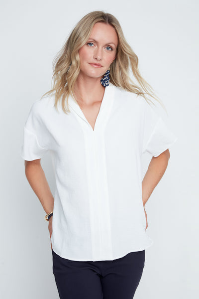 Short Sleeve V-Neck High Twist Woven Top