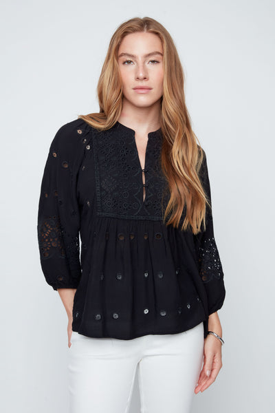 Long Sleeve Flare Top With Embroidery