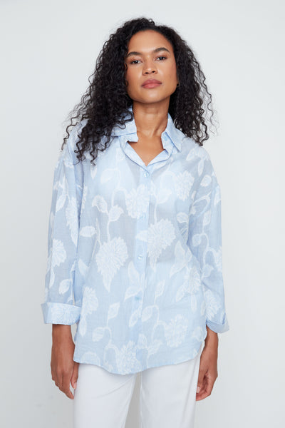 Long Sleeve Strip Floral Cotton Shirt