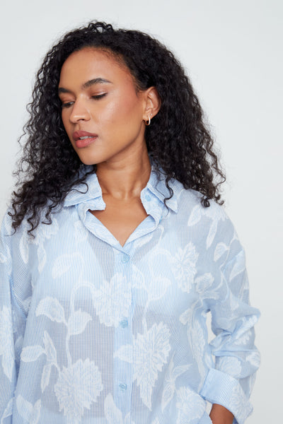 Long Sleeve Strip Floral Cotton Shirt