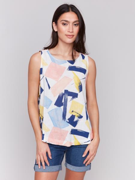 Sleeveless Print Top With Rounded Hem