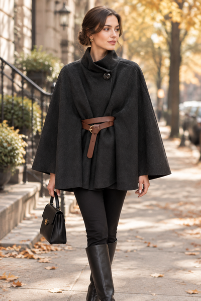 Female model wearing the black Belted Cape