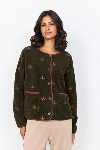 Forest patterned cardigan on new female model, first view