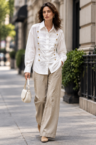 Female model wearing the white military style button down shirt on a city street