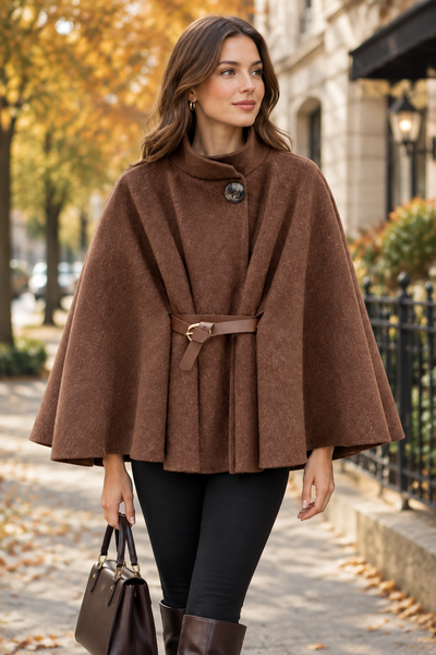 Female model wearing the brown Belted Cape