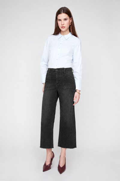 Black wash cropped wide leg jeans front view