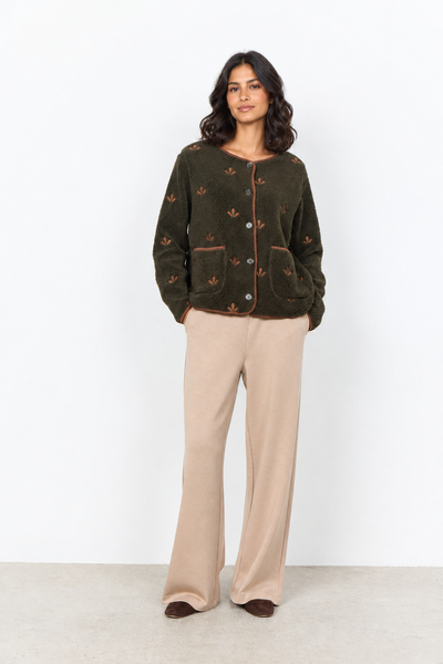 Forest patterned cardigan on new female model, second view
