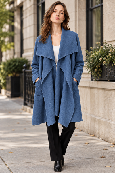 Denim-colour open-front long cardigan on female model