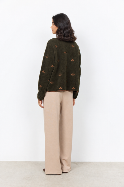 Forest patterned cardigan on new female model, third view