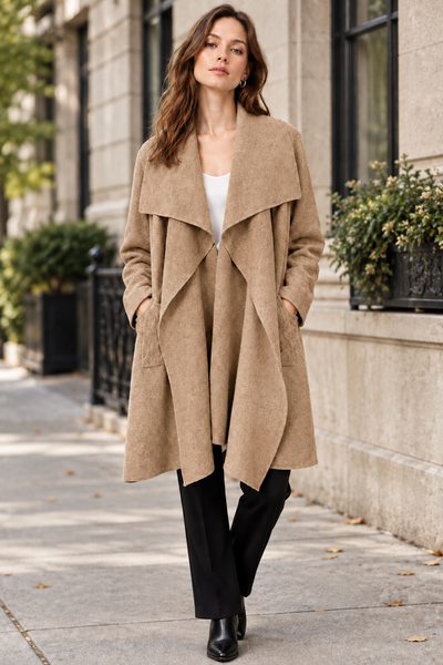 Camel open-front long cardigan on female model