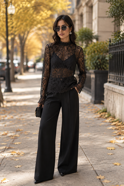Long Sleeve Lace Blouse in black