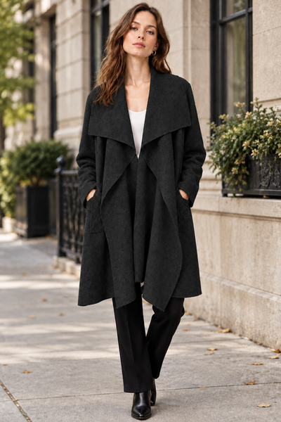 Black open-front long cardigan on female model
