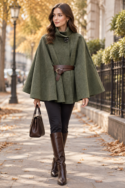 Female model wearing the khaki Belted Cape