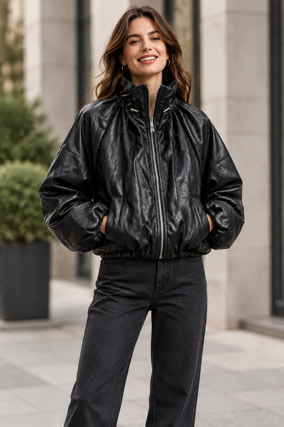 Female model wearing the black zipper-front pleather jacket