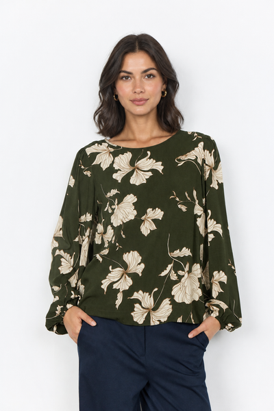Floral print blouse on new female model, front view