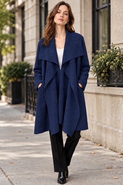 Navy open-front long cardigan on female model