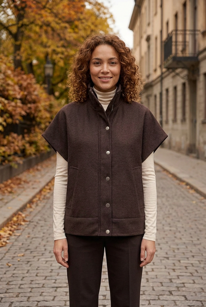 Female model smiling while wearing the chocolate button-front vest