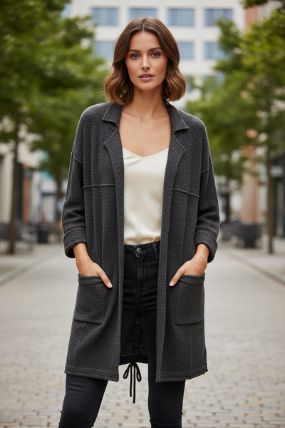 Charcoal 3/4 cardigan with front pockets worn by a female model