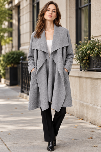 Grey open-front long cardigan on female model