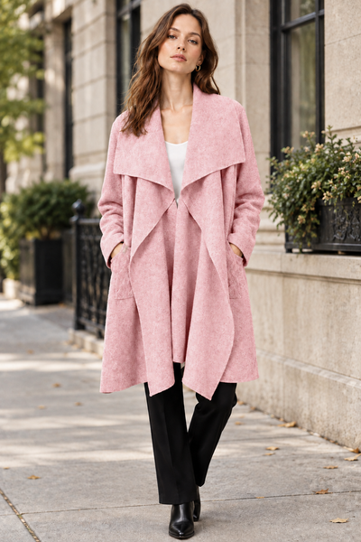 Pink open-front long cardigan on female model