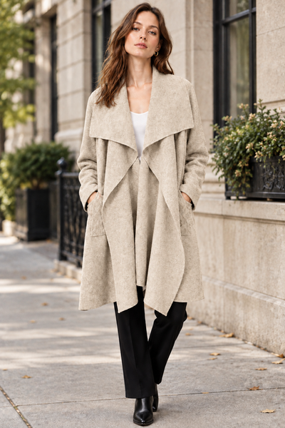 Beige open-front long cardigan on female model
