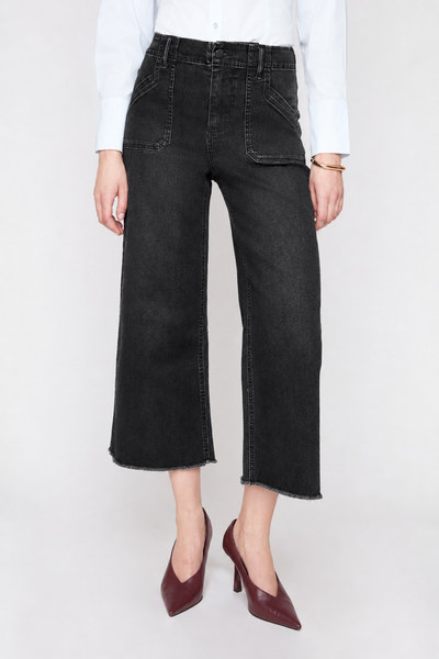 Black wash cropped wide leg jeans detail view