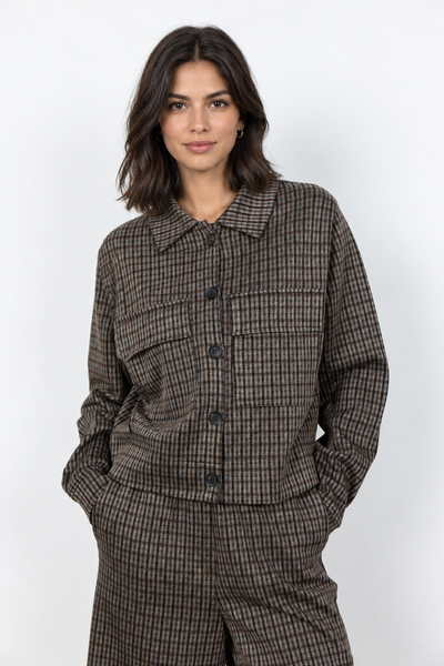 Checked jacket front view on new female model