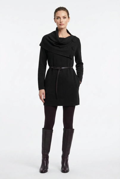 Black draped collar belted sweater tunic on a female model with black leggings and knee-high boots